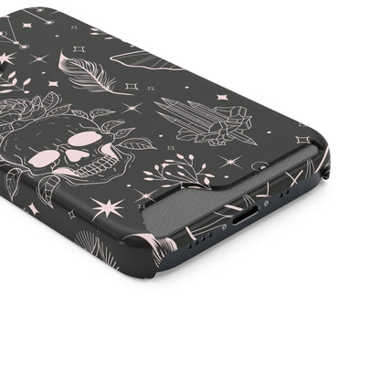 Mystic Skull Dark Aesthetic Phone Case with Card Holder — Gothic Crystal & Feather Design Luxury Cover