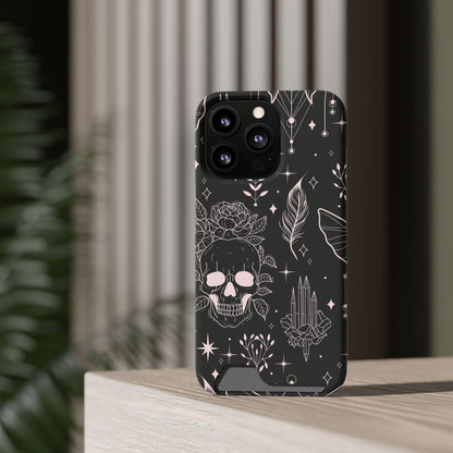 Mystic Skull Dark Aesthetic Phone Case with Card Holder — Gothic Crystal & Feather Design Luxury Cover