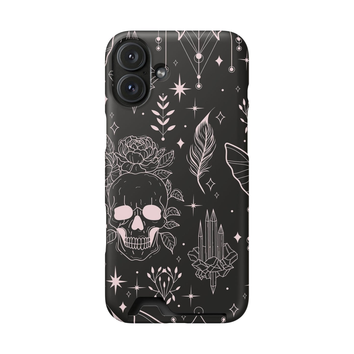 Mystic Skull Dark Aesthetic Phone Case with Card Holder — Gothic Crystal & Feather Design Luxury Cover