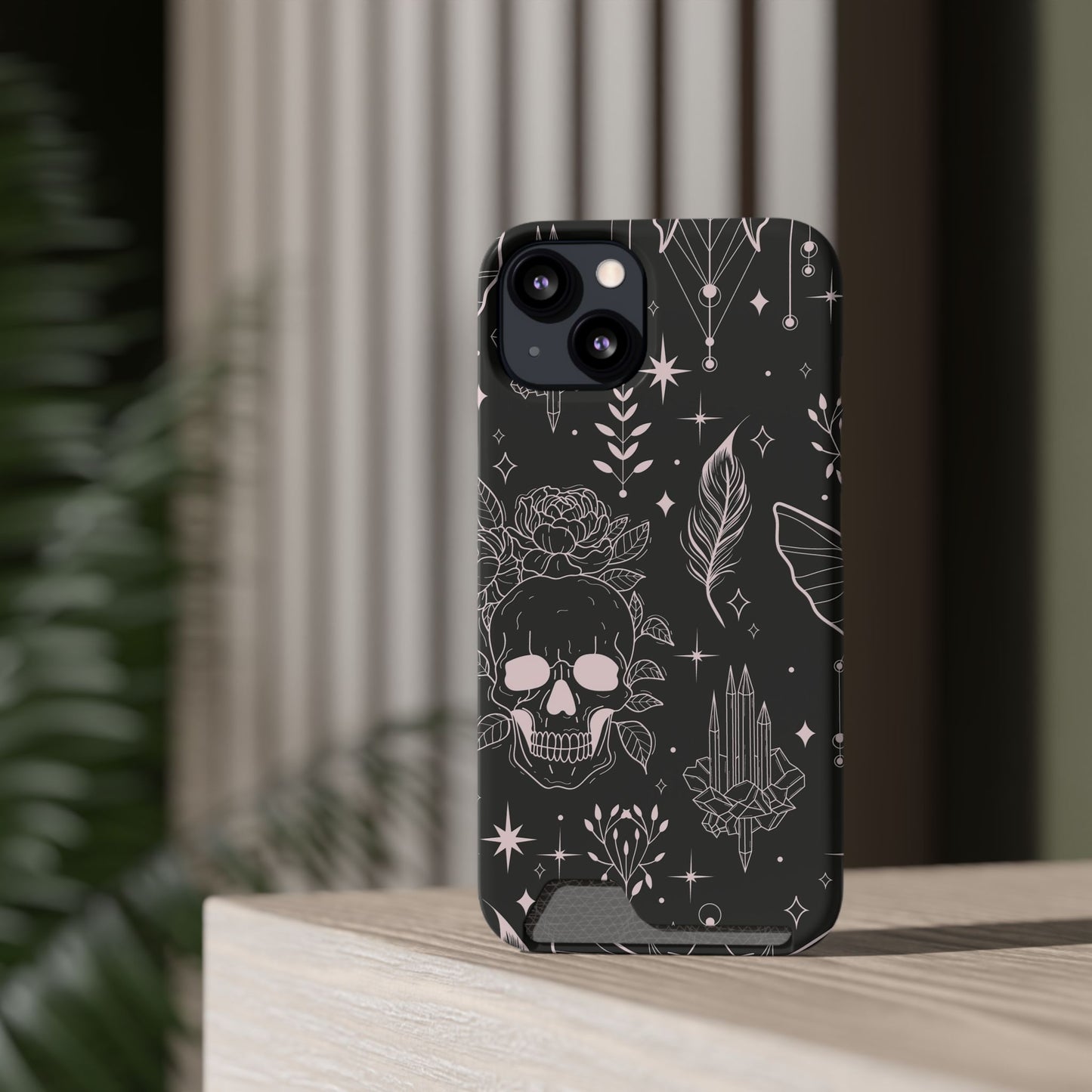 Mystic Skull Dark Aesthetic Phone Case with Card Holder — Gothic Crystal & Feather Design Luxury Cover