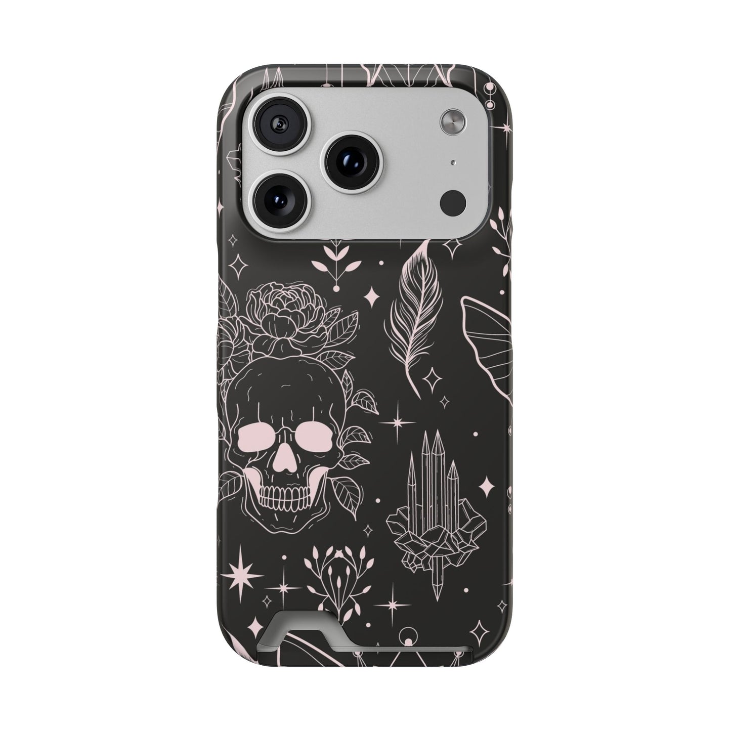 Mystic Skull Dark Aesthetic Phone Case with Card Holder — Gothic Crystal & Feather Design Luxury Cover