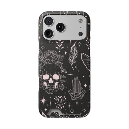 Mystic Skull Dark Aesthetic Phone Case with Card Holder — Gothic Crystal & Feather Design Luxury Cover