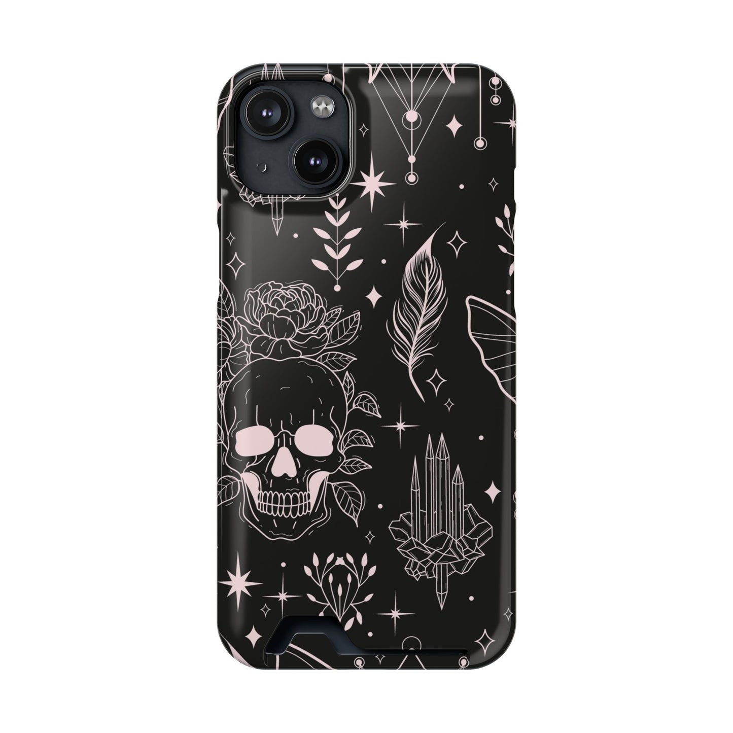 Mystic Skull Dark Aesthetic Phone Case with Card Holder — Gothic Crystal & Feather Design Luxury Cover