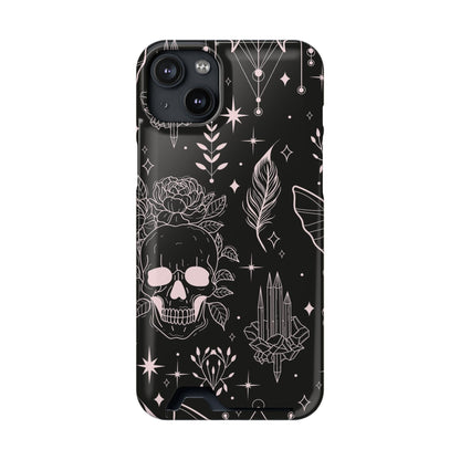 Mystic Skull Dark Aesthetic Phone Case with Card Holder — Gothic Crystal & Feather Design Luxury Cover