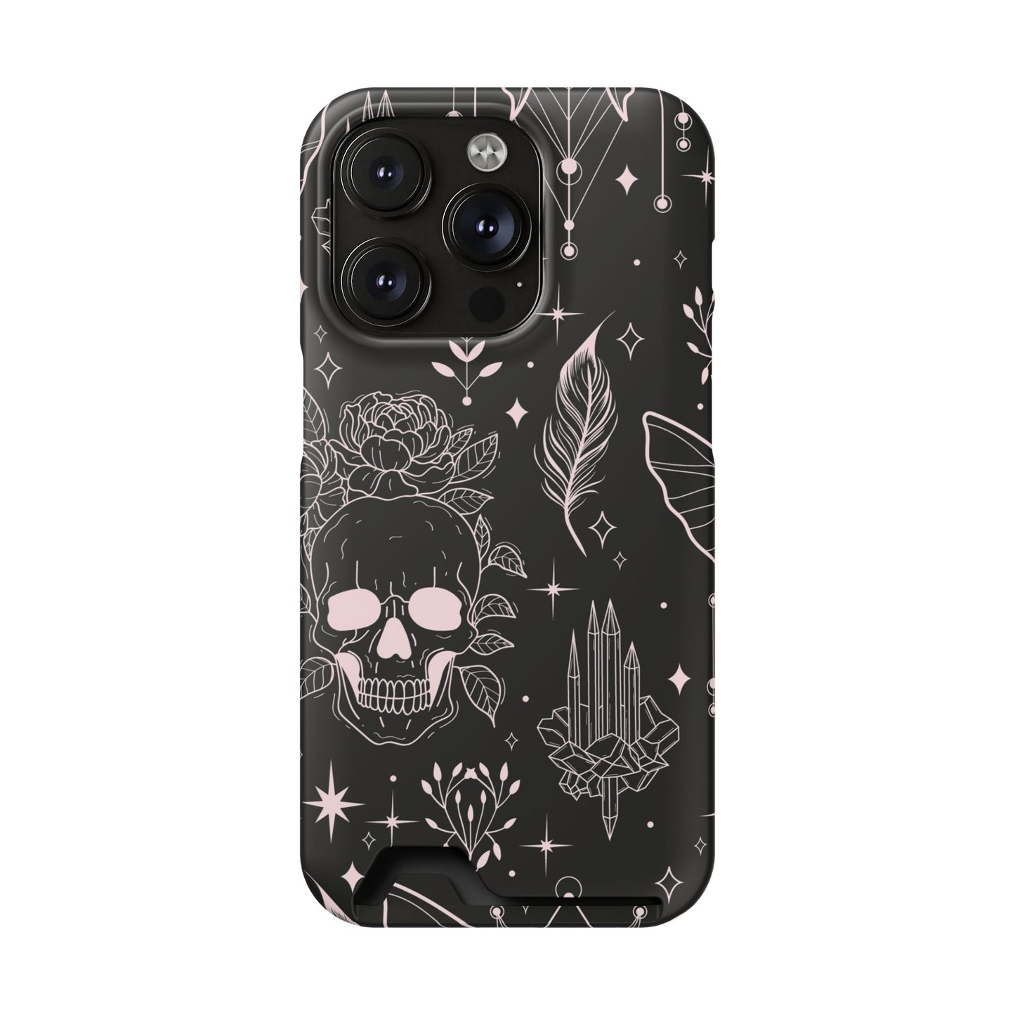 Mystic Skull Dark Aesthetic Phone Case with Card Holder — Gothic Crystal & Feather Design Luxury Cover