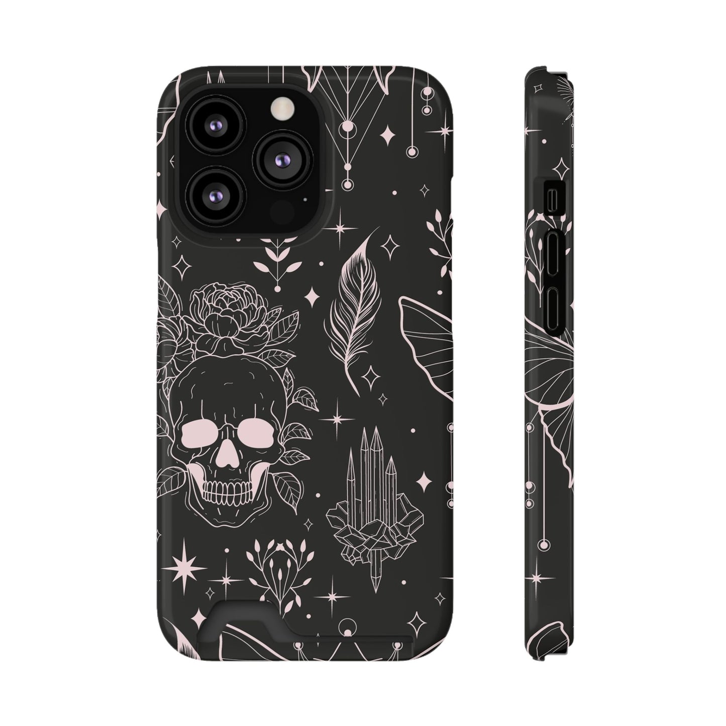 Mystic Skull Dark Aesthetic Phone Case with Card Holder — Gothic Crystal & Feather Design Luxury Cover