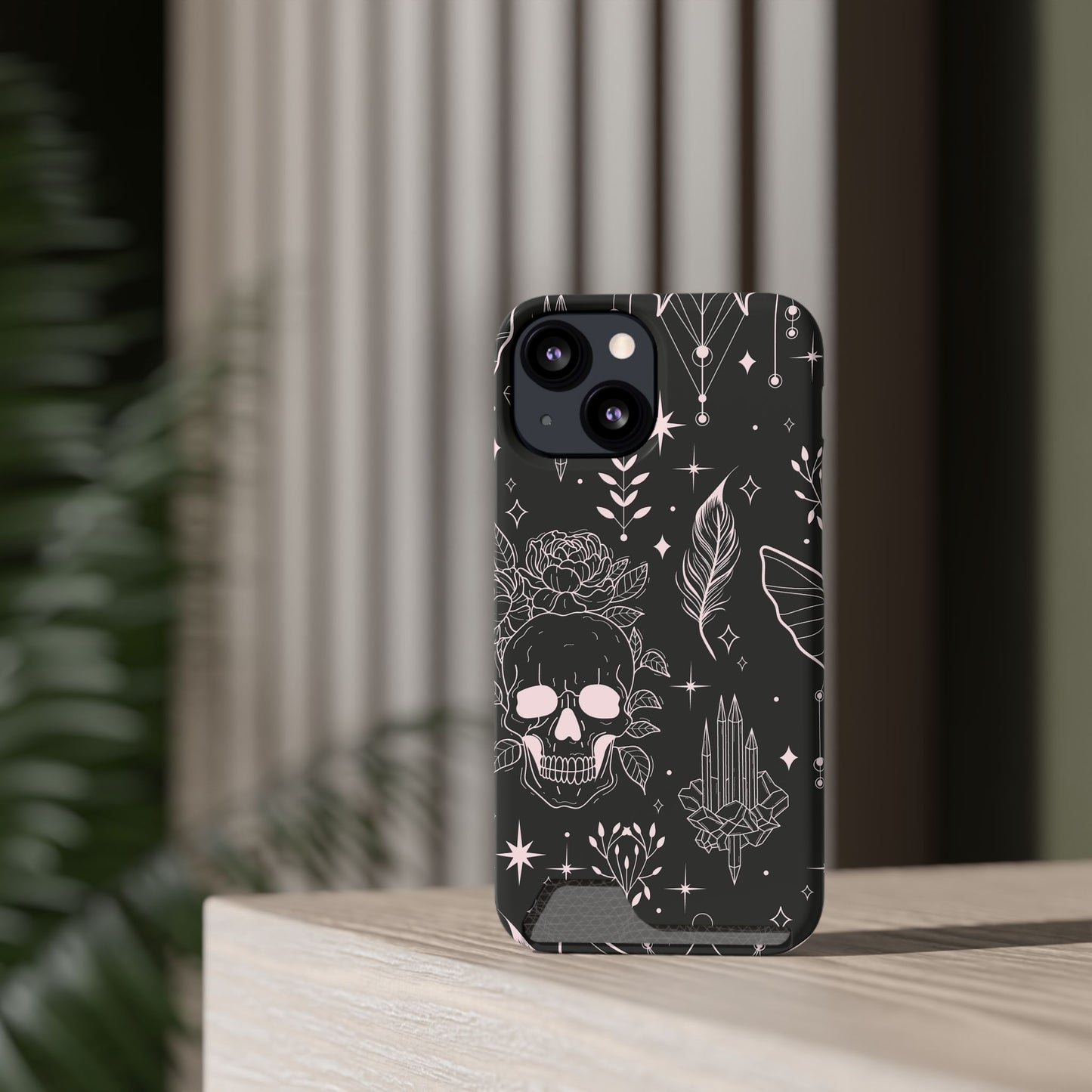 Mystic Skull Dark Aesthetic Phone Case with Card Holder — Gothic Crystal & Feather Design Luxury Cover