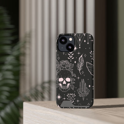 Mystic Skull Dark Aesthetic Phone Case with Card Holder — Gothic Crystal & Feather Design Luxury Cover