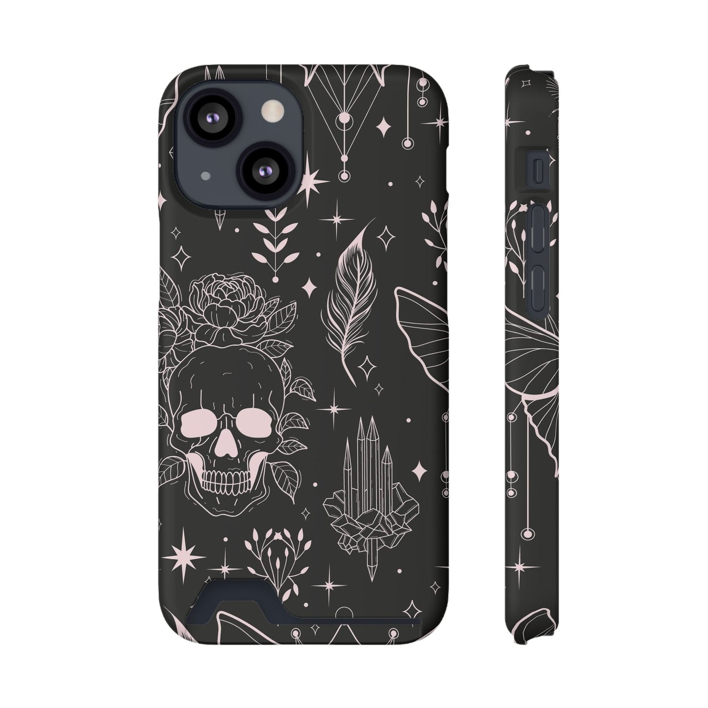 Mystic Skull Dark Aesthetic Phone Case with Card Holder — Gothic Crystal & Feather Design Luxury Cover