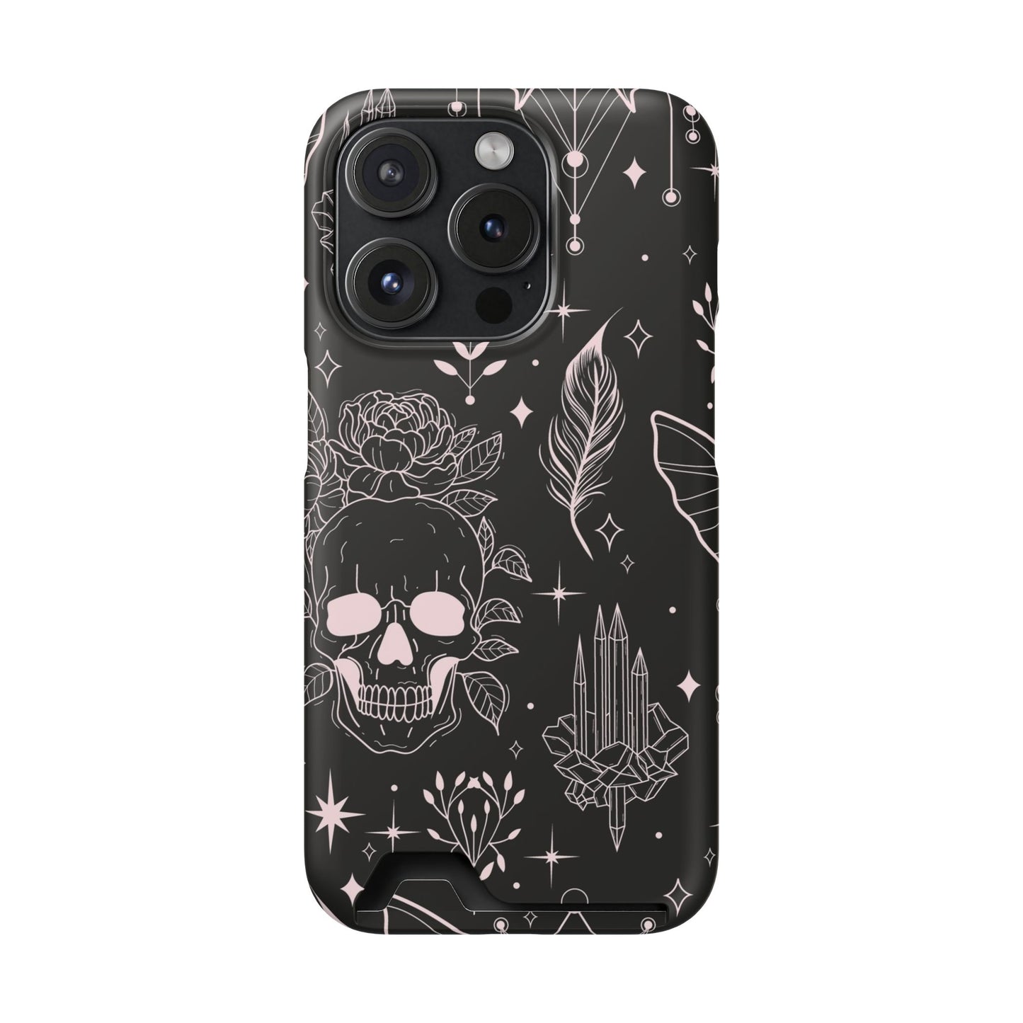 Mystic Skull Dark Aesthetic Phone Case with Card Holder — Gothic Crystal & Feather Design Luxury Cover
