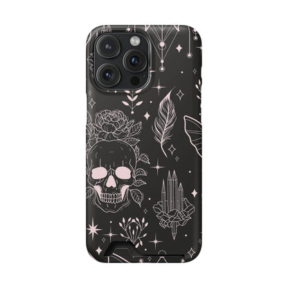Mystic Skull Dark Aesthetic Phone Case with Card Holder — Gothic Crystal & Feather Design Luxury Cover