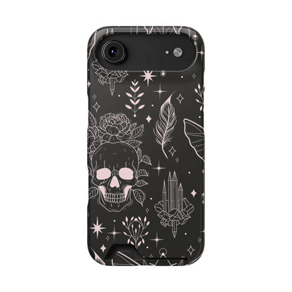 Mystic Skull Dark Aesthetic Phone Case with Card Holder — Gothic Crystal & Feather Design Luxury Cover