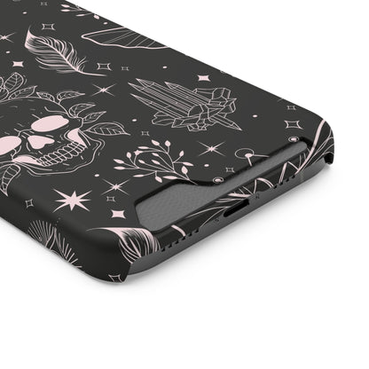 Mystic Skull Dark Aesthetic Phone Case with Card Holder — Gothic Crystal & Feather Design Luxury Cover
