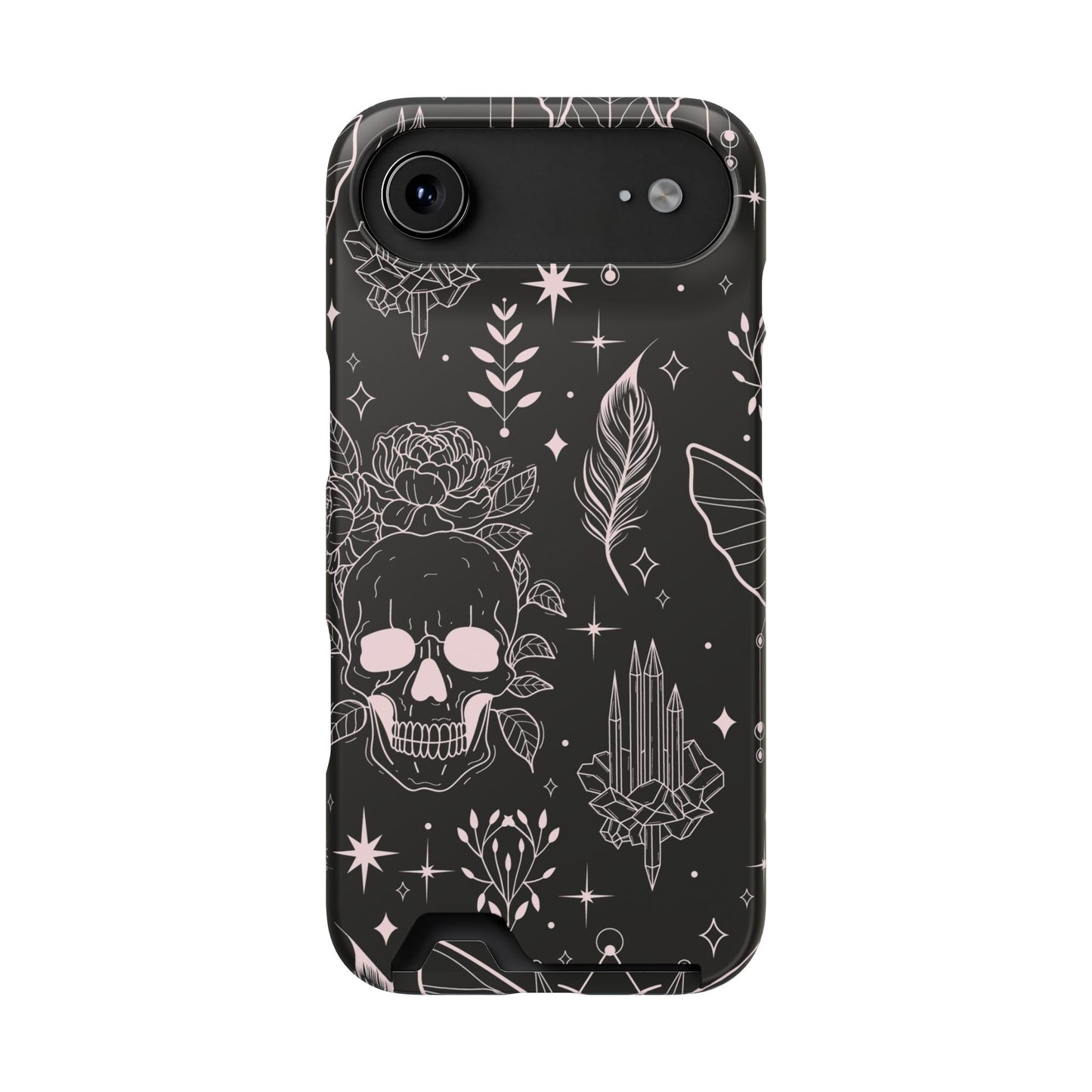 Mystic Skull Dark Aesthetic Phone Case with Card Holder — Gothic Crystal & Feather Design Luxury Cover