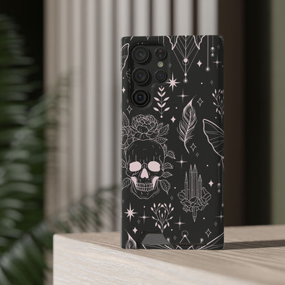 Mystic Skull Dark Aesthetic Phone Case with Card Holder — Gothic Crystal & Feather Design Luxury Cover