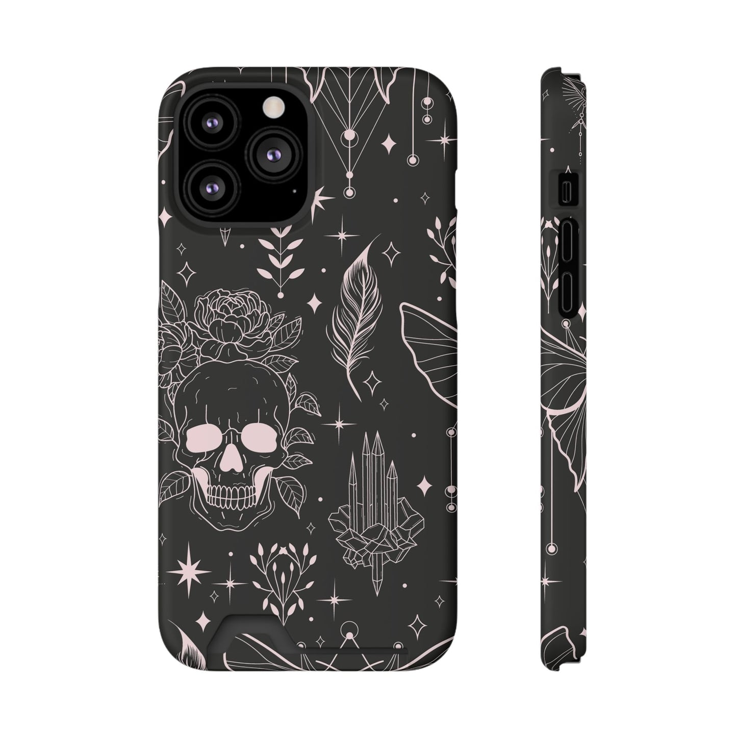 Mystic Skull Dark Aesthetic Phone Case with Card Holder — Gothic Crystal & Feather Design Luxury Cover