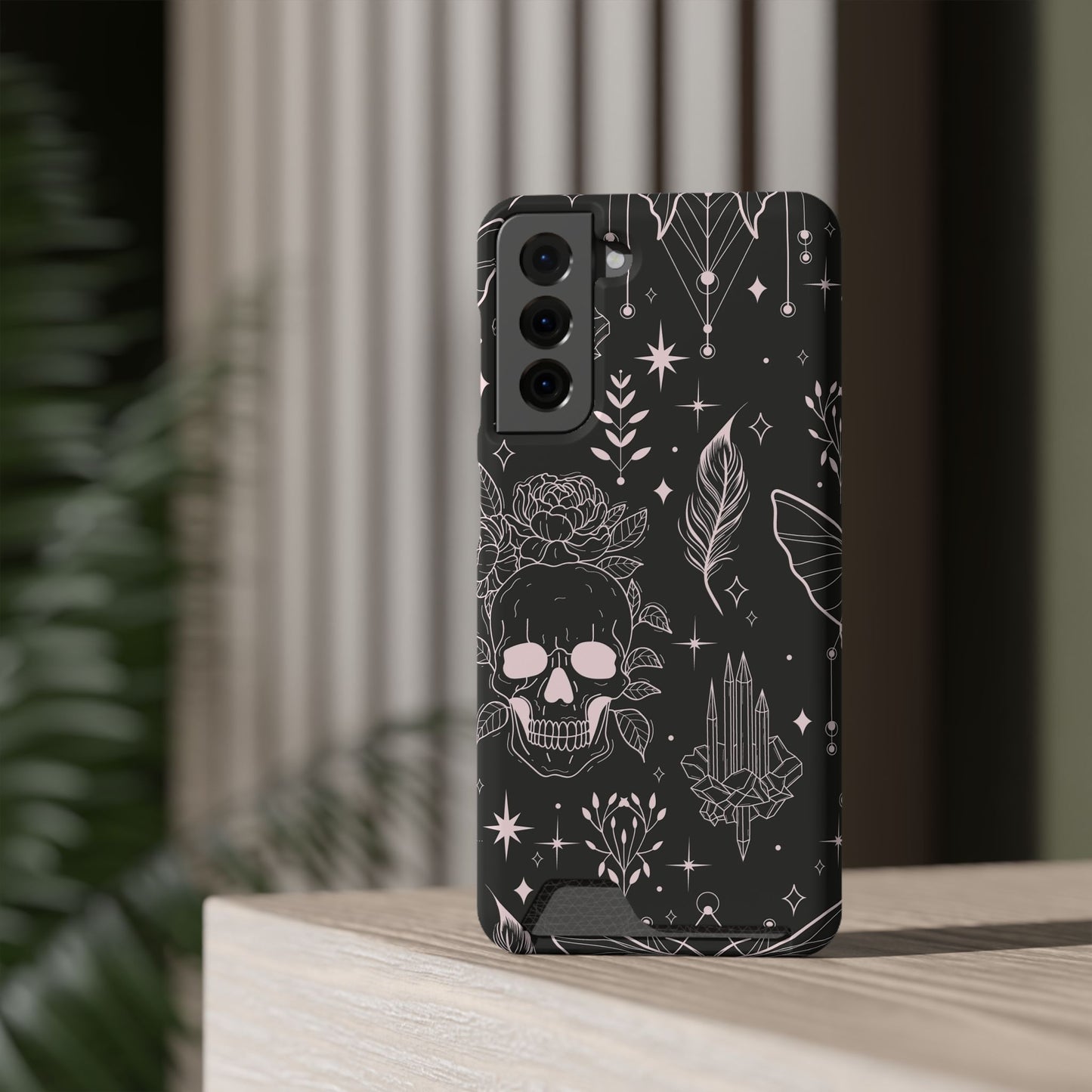 Mystic Skull Dark Aesthetic Phone Case with Card Holder — Gothic Crystal & Feather Design Luxury Cover
