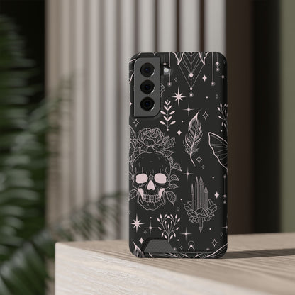 Mystic Skull Dark Aesthetic Phone Case with Card Holder — Gothic Crystal & Feather Design Luxury Cover