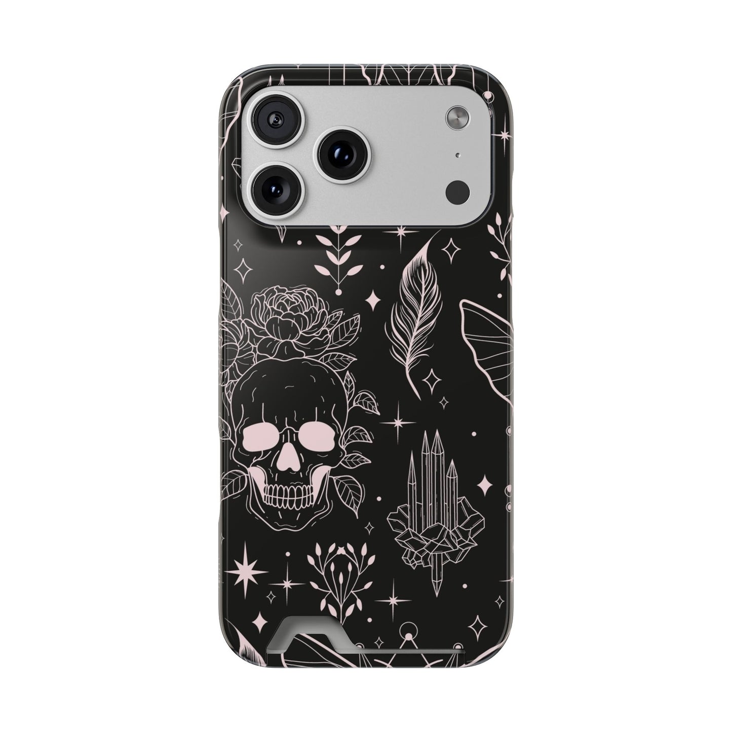 Mystic Skull Dark Aesthetic Phone Case with Card Holder — Gothic Crystal & Feather Design Luxury Cover