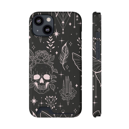 Mystic Skull Dark Aesthetic Phone Case with Card Holder — Gothic Crystal & Feather Design Luxury Cover