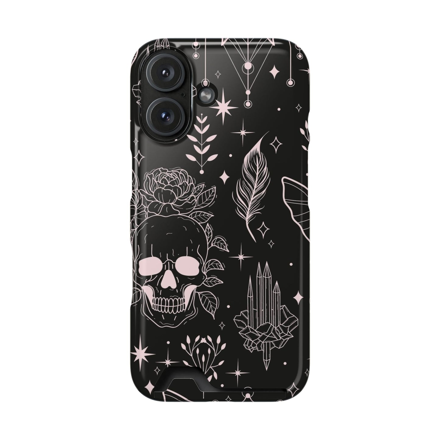 Mystic Skull Dark Aesthetic Phone Case with Card Holder — Gothic Crystal & Feather Design Luxury Cover