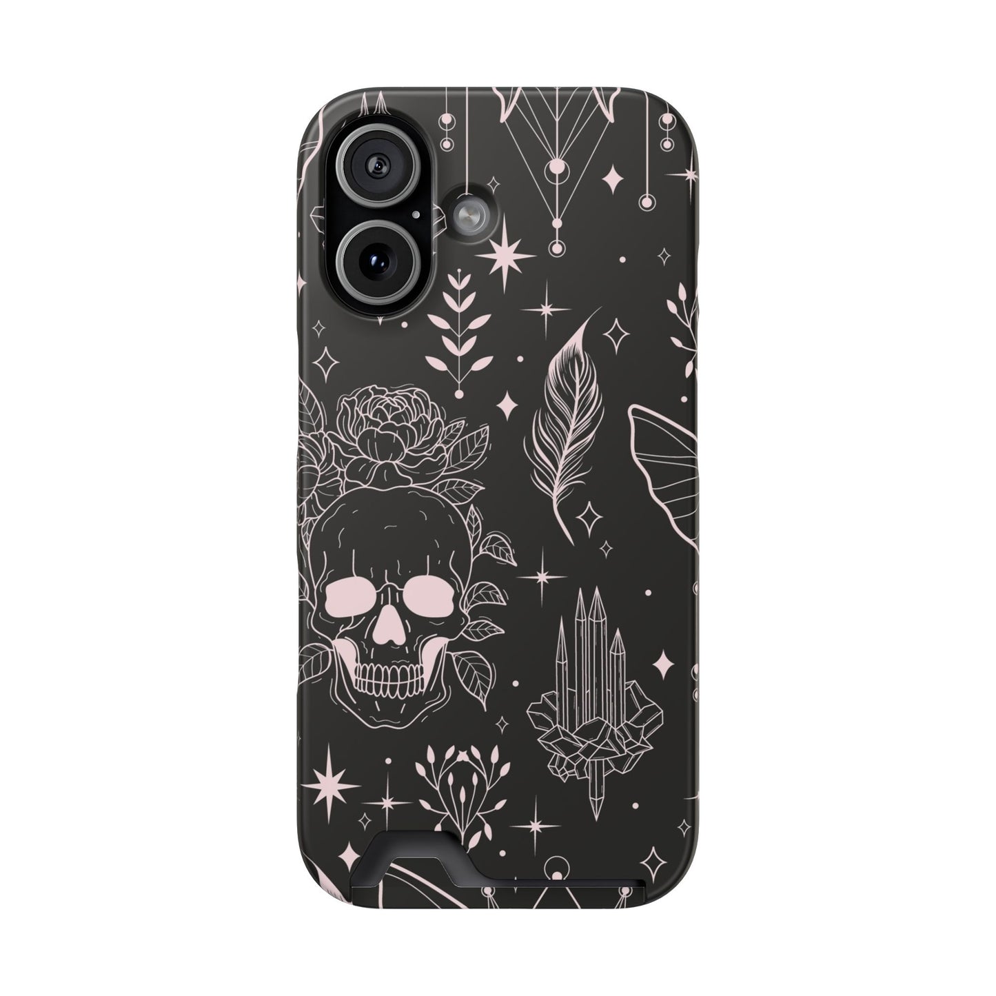 Mystic Skull Dark Aesthetic Phone Case with Card Holder — Gothic Crystal & Feather Design Luxury Cover