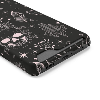 Mystic Skull Dark Aesthetic Phone Case with Card Holder — Gothic Crystal & Feather Design Luxury Cover