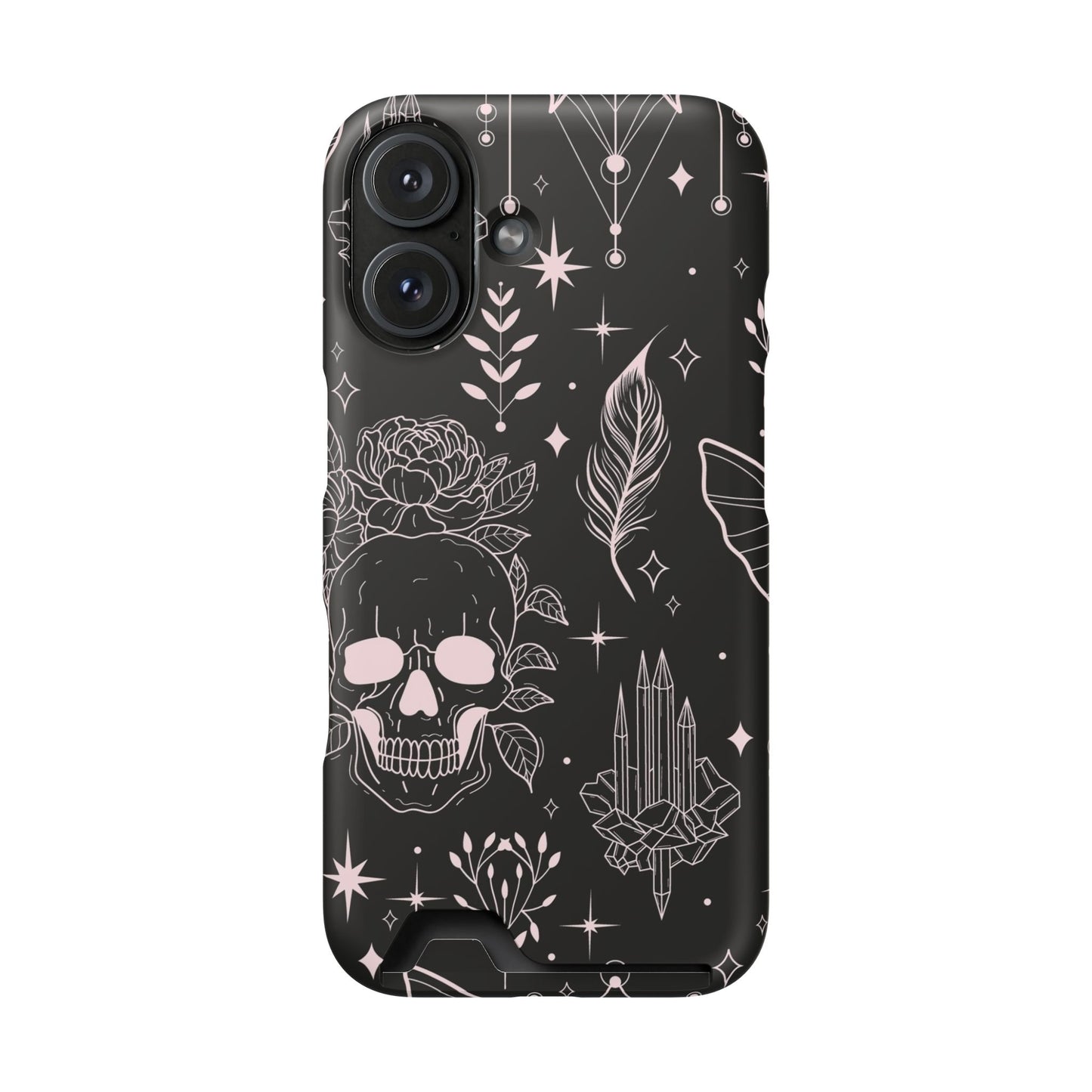Mystic Skull Dark Aesthetic Phone Case with Card Holder — Gothic Crystal & Feather Design Luxury Cover
