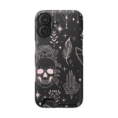 Mystic Skull Dark Aesthetic Phone Case with Card Holder — Gothic Crystal & Feather Design Luxury Cover