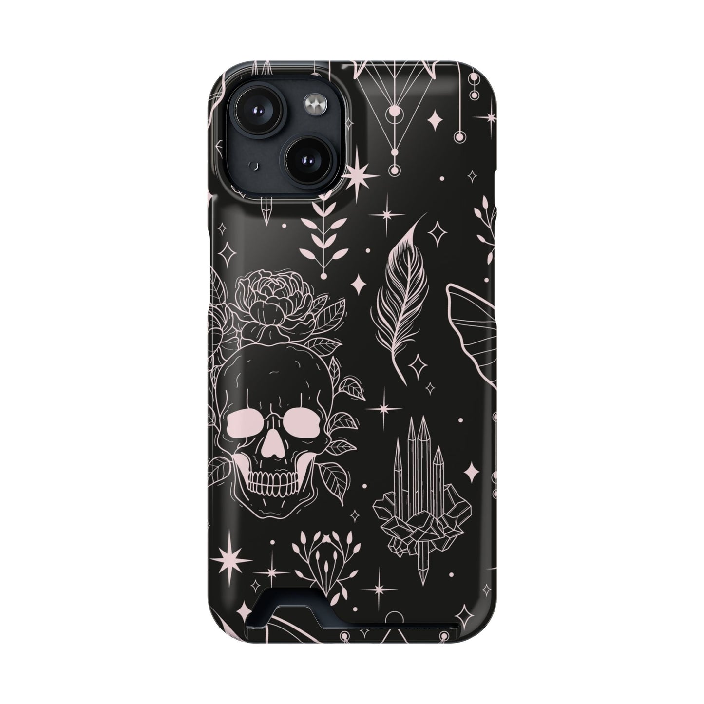 Mystic Skull Dark Aesthetic Phone Case with Card Holder — Gothic Crystal & Feather Design Luxury Cover