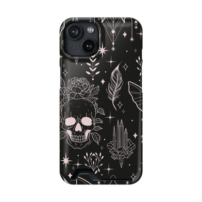 Mystic Skull Dark Aesthetic Phone Case with Card Holder — Gothic Crystal & Feather Design Luxury Cover