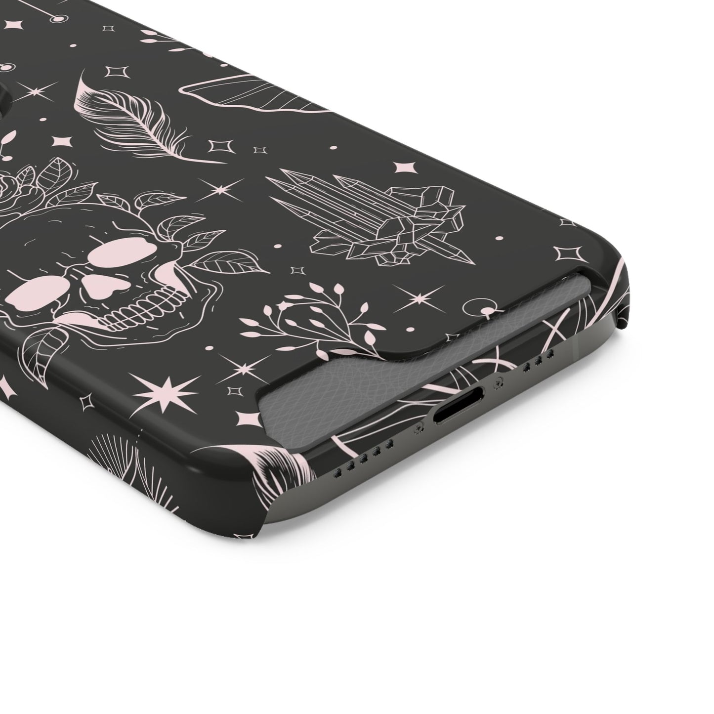 Mystic Skull Dark Aesthetic Phone Case with Card Holder — Gothic Crystal & Feather Design Luxury Cover