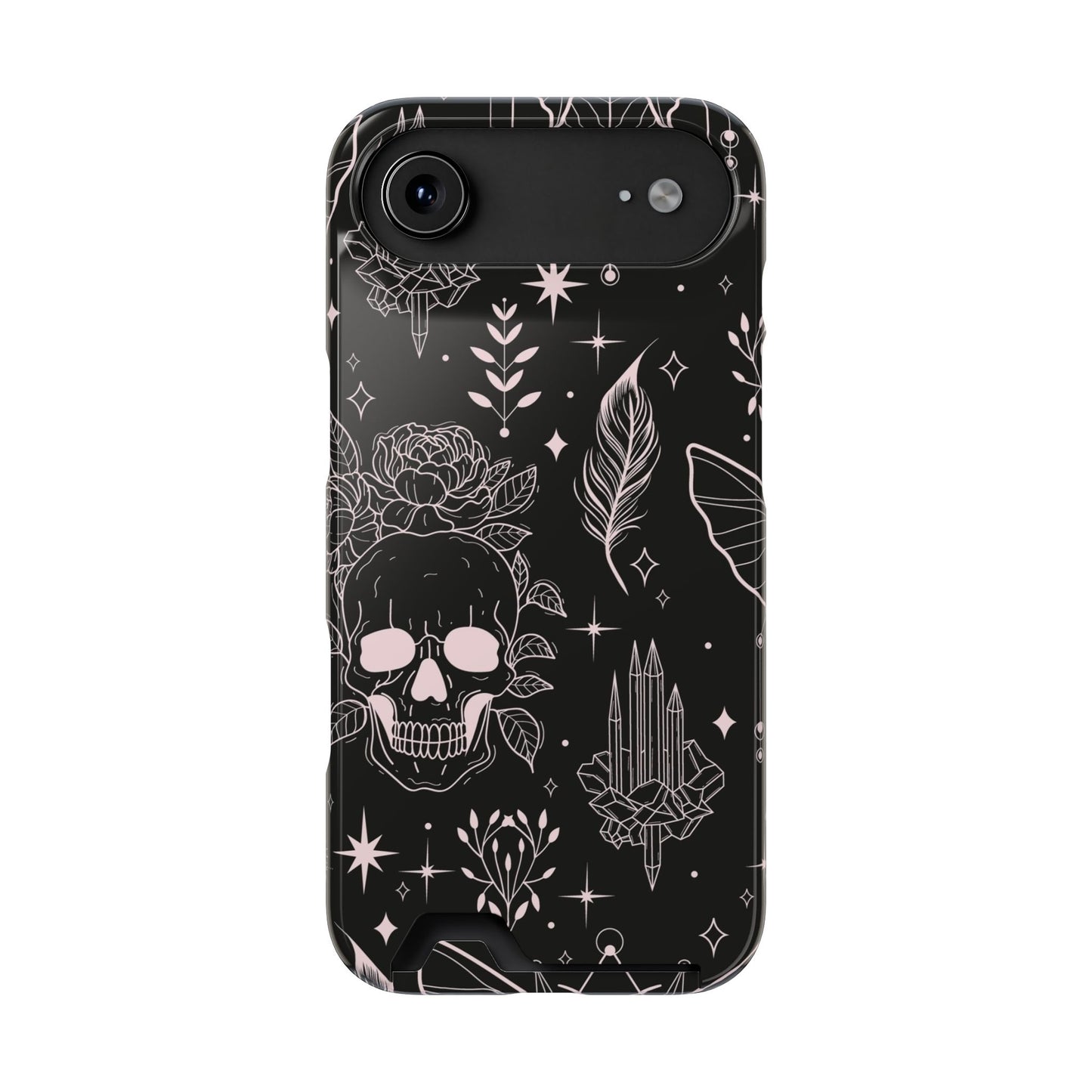 Mystic Skull Dark Aesthetic Phone Case with Card Holder — Gothic Crystal & Feather Design Luxury Cover