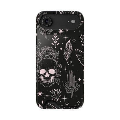 Mystic Skull Dark Aesthetic Phone Case with Card Holder — Gothic Crystal & Feather Design Luxury Cover