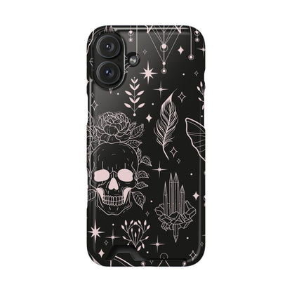 Mystic Skull Dark Aesthetic Phone Case with Card Holder — Gothic Crystal & Feather Design Luxury Cover