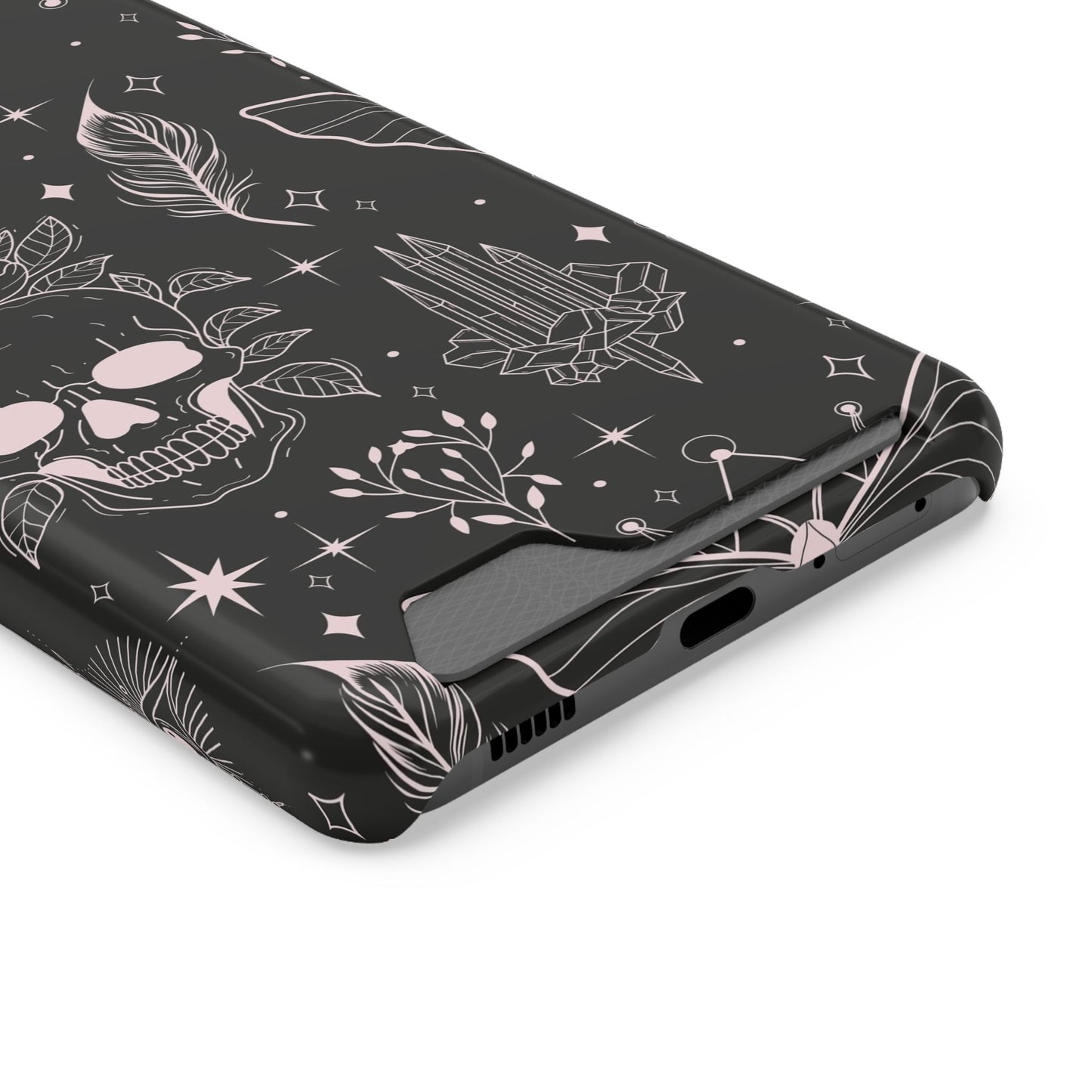 Mystic Skull Dark Aesthetic Phone Case with Card Holder — Gothic Crystal & Feather Design Luxury Cover