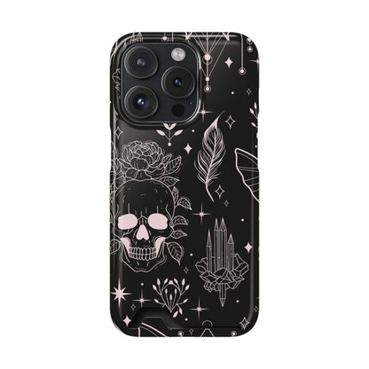 Mystic Skull Dark Aesthetic Phone Case with Card Holder — Gothic Crystal & Feather Design Luxury Cover