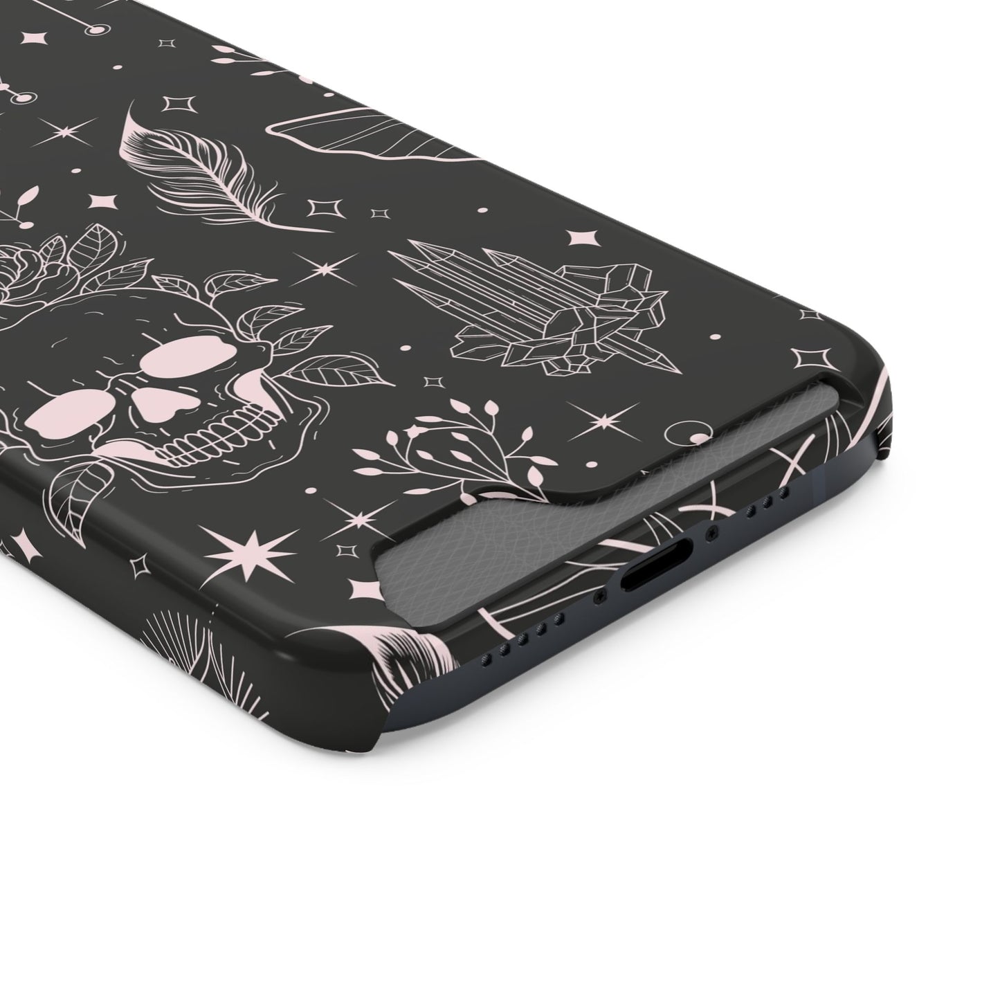 Mystic Skull Dark Aesthetic Phone Case with Card Holder — Gothic Crystal & Feather Design Luxury Cover