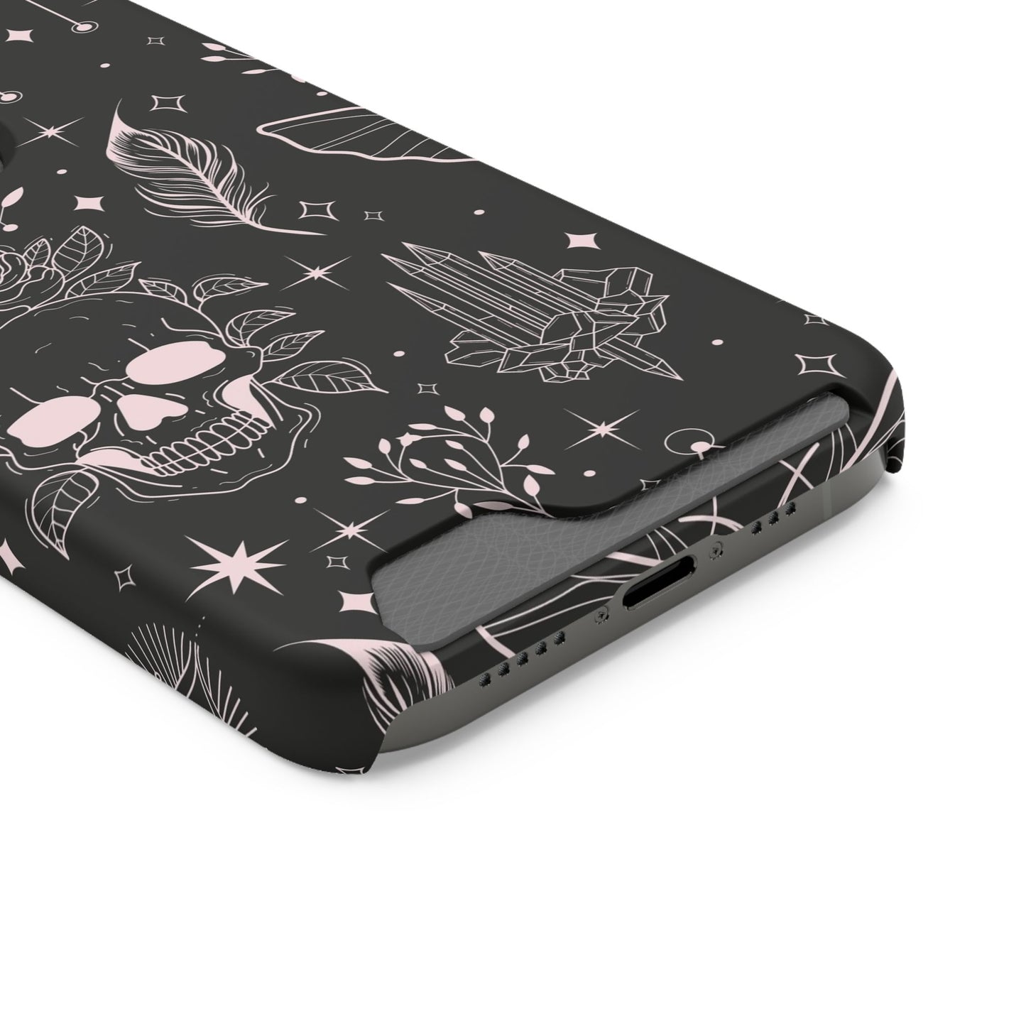 Mystic Skull Dark Aesthetic Phone Case with Card Holder — Gothic Crystal & Feather Design Luxury Cover