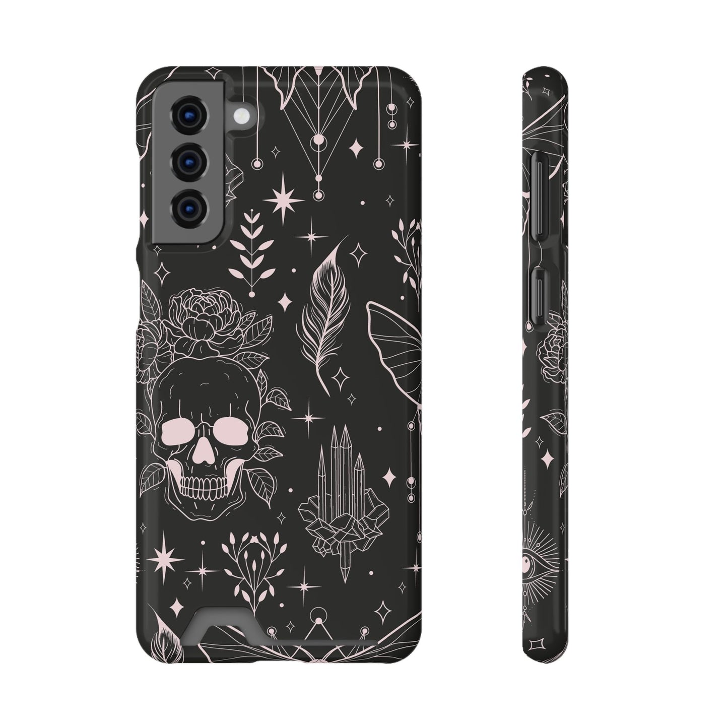 Mystic Skull Dark Aesthetic Phone Case with Card Holder — Gothic Crystal & Feather Design Luxury Cover
