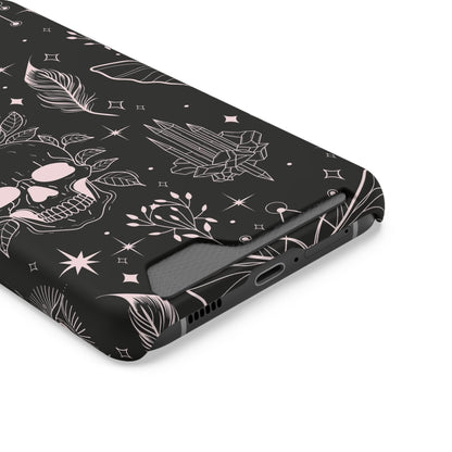 Mystic Skull Dark Aesthetic Phone Case with Card Holder — Gothic Crystal & Feather Design Luxury Cover