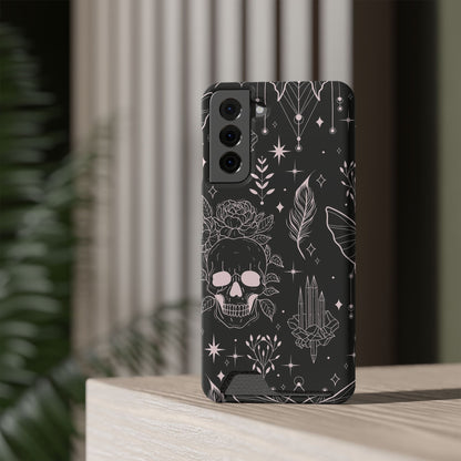Mystic Skull Dark Aesthetic Phone Case with Card Holder — Gothic Crystal & Feather Design Luxury Cover
