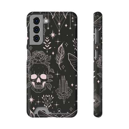 Mystic Skull Dark Aesthetic Phone Case with Card Holder — Gothic Crystal & Feather Design Luxury Cover