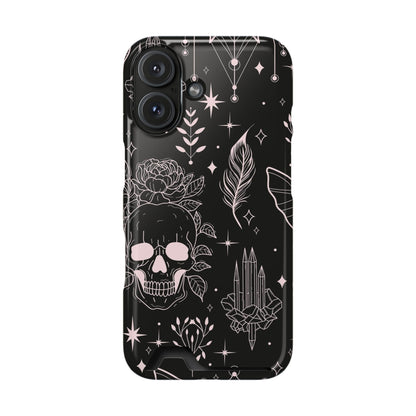 Mystic Skull Dark Aesthetic Phone Case with Card Holder — Gothic Crystal & Feather Design Luxury Cover