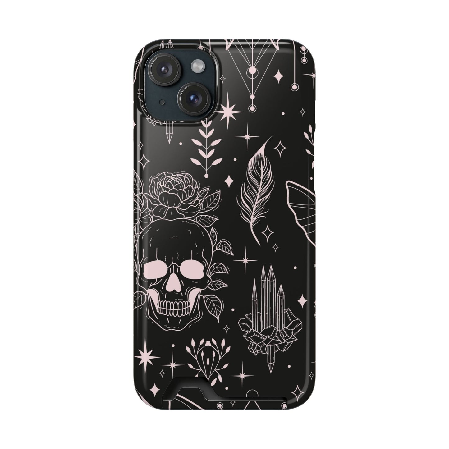 Mystic Skull Dark Aesthetic Phone Case with Card Holder — Gothic Crystal & Feather Design Luxury Cover