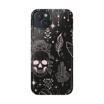 Mystic Skull Dark Aesthetic Phone Case with Card Holder — Gothic Crystal & Feather Design Luxury Cover