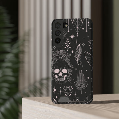 Mystic Skull Dark Aesthetic Phone Case with Card Holder — Gothic Crystal & Feather Design Luxury Cover