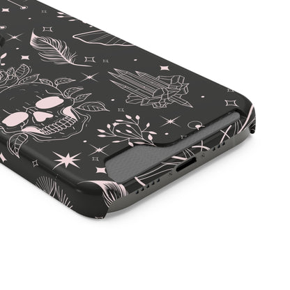 Mystic Skull Dark Aesthetic Phone Case with Card Holder — Gothic Crystal & Feather Design Luxury Cover