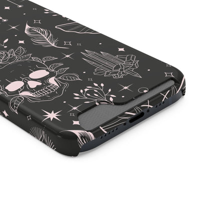 Mystic Skull Dark Aesthetic Phone Case with Card Holder — Gothic Crystal & Feather Design Luxury Cover