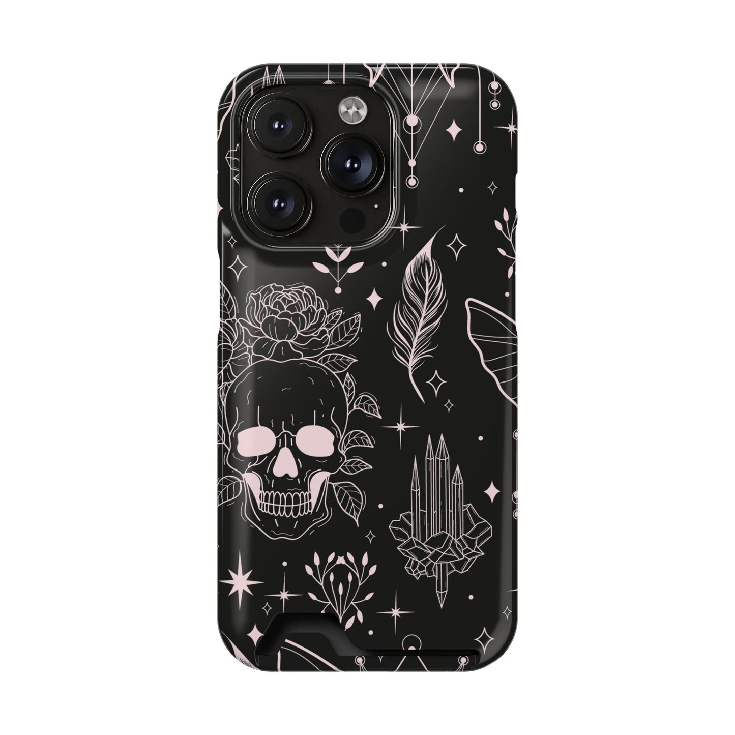 Mystic Skull Dark Aesthetic Phone Case with Card Holder — Gothic Crystal & Feather Design Luxury Cover